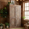 Antique Sunburst Carved Cabinet with Brass Studs Rustic Wardrobe Armoire