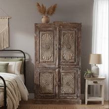  Antique Carved Cabinet Brown Sunrays Brass Studs  Storage Armoire