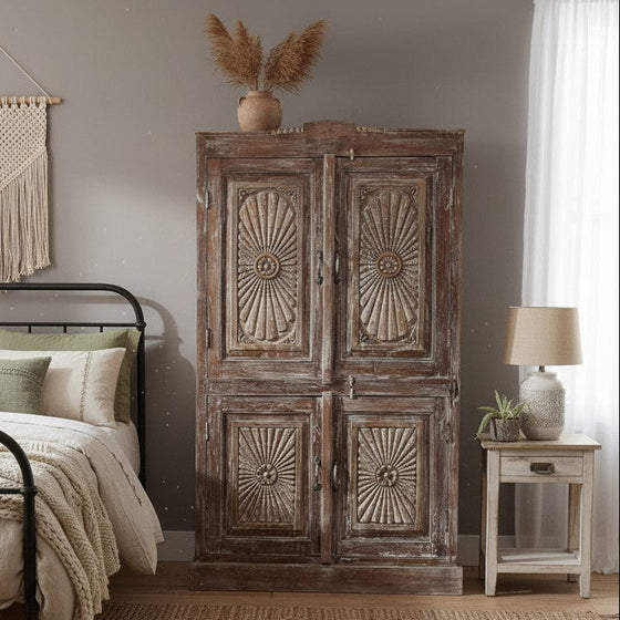 Antique Carved Cabinet Brown Sunrays Brass Studs  Storage Armoire