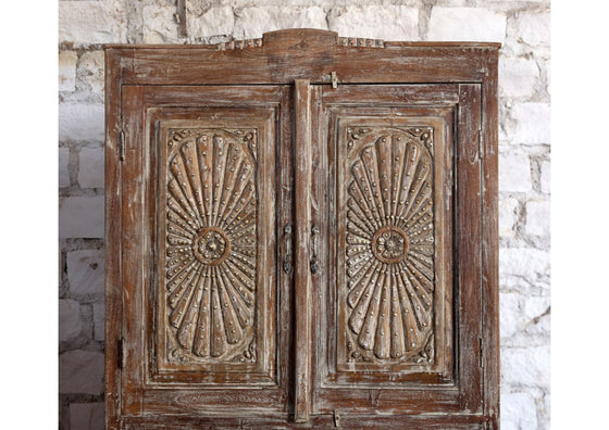 Antique Carved Cabinet Brown Sunrays Brass Studs  Storage Armoire