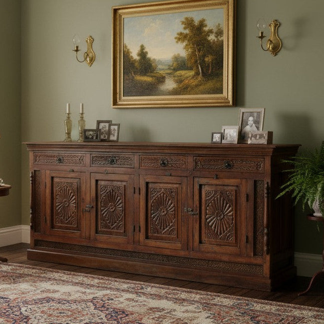 Antique Carved Long Sideboard Living Room Storage Credenza Table 88x40