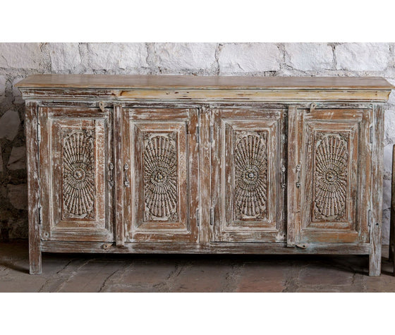 Antique Whitewash Sideboard Brass Studs Sunrays Carved Buffet Chest
