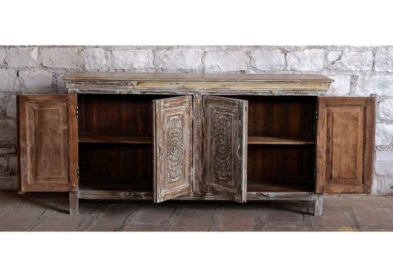 Antique Whitewash Sideboard Brass Studs Sunrays Carved Buffet Chest