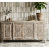 Antique Whitewash Sideboard Brass Studs Sunrays Carved Buffet Chest