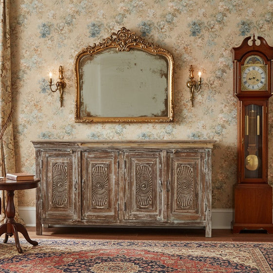Antique Whitewash Sideboard Brass Studs Sunrays Carved Buffet Chest