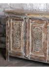 Antique Whitewash Sideboard Brass Studs Sunrays Carved Buffet Chest