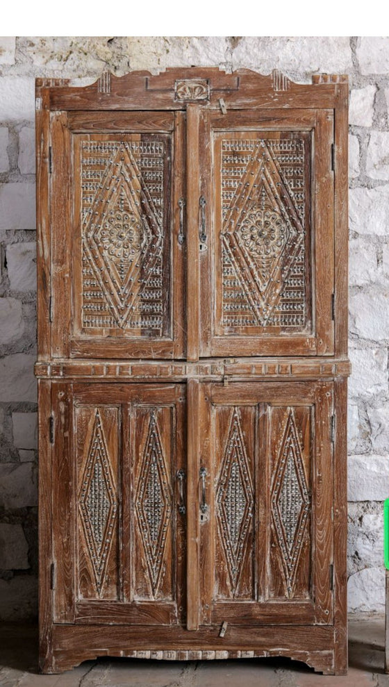 Antique Hand Carved Armoire Brass Studs Storage Cabinet 