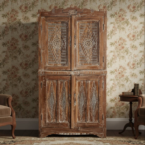 Antique Hand Carved Armoire Brass Studs Storage Cabinet 