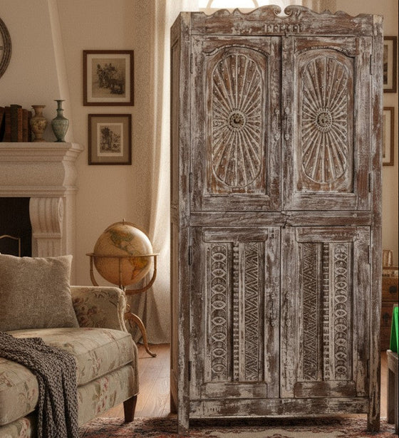 Antique Carved Cabinet Brass Studs Storage Armoire Bedroom Wardrobe 