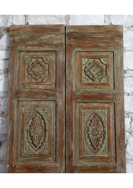 Vintage Carved Door Distress Green Double Door Floral Statement Doors 