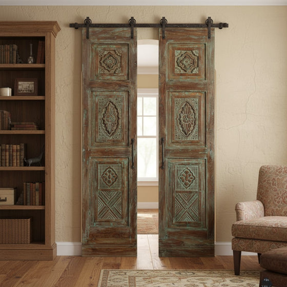 Vintage Carved Door Distress Green Double Door Floral Statement Doors 