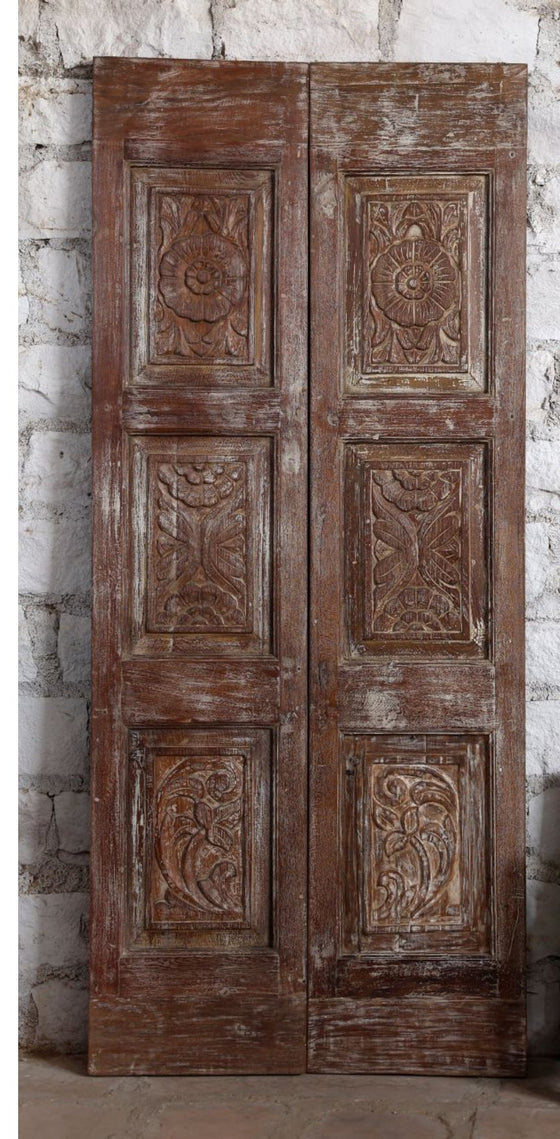 Vintage Sliding Door Floral Hand Carved Double Doors Rustic Farmhouse Door 