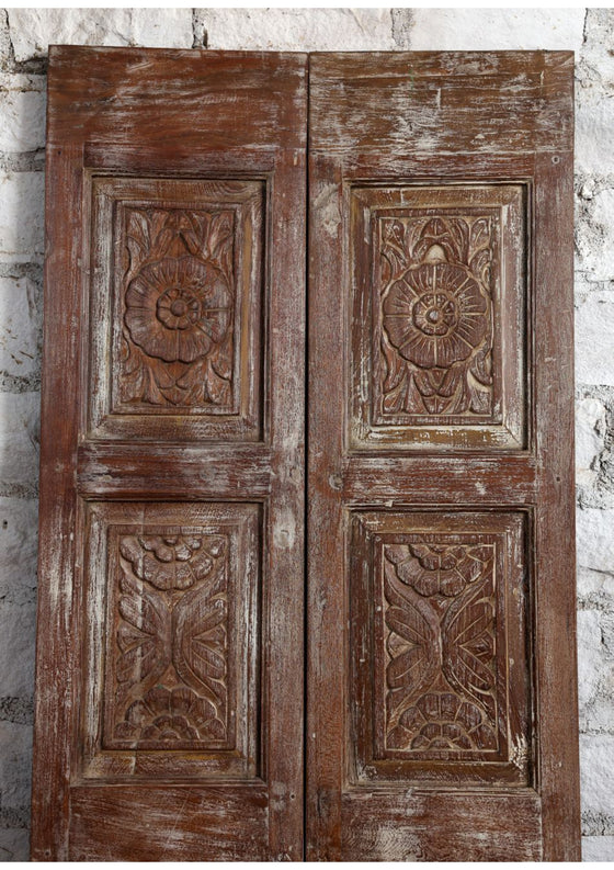 Vintage Sliding Door Floral Hand Carved Double Doors Rustic Farmhouse Door 