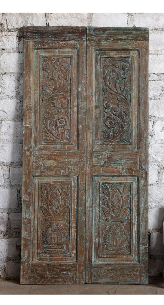 Vintage Carved Door Interior Double Floral Vase Design Wood Barn Door