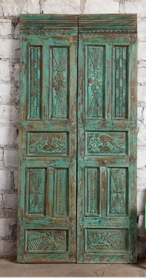 Vintage Carved Barn Door Blue Floral Rustic Farmhouse Door Double Door 