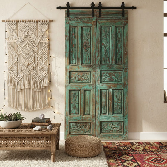 Vintage Carved Barn Door Blue Floral Rustic Farmhouse Door Double Door 