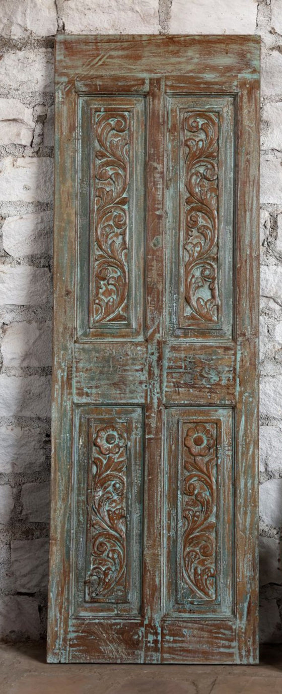 Antique Carved Door Blue Floral Barn Door Hinged Sliding Door