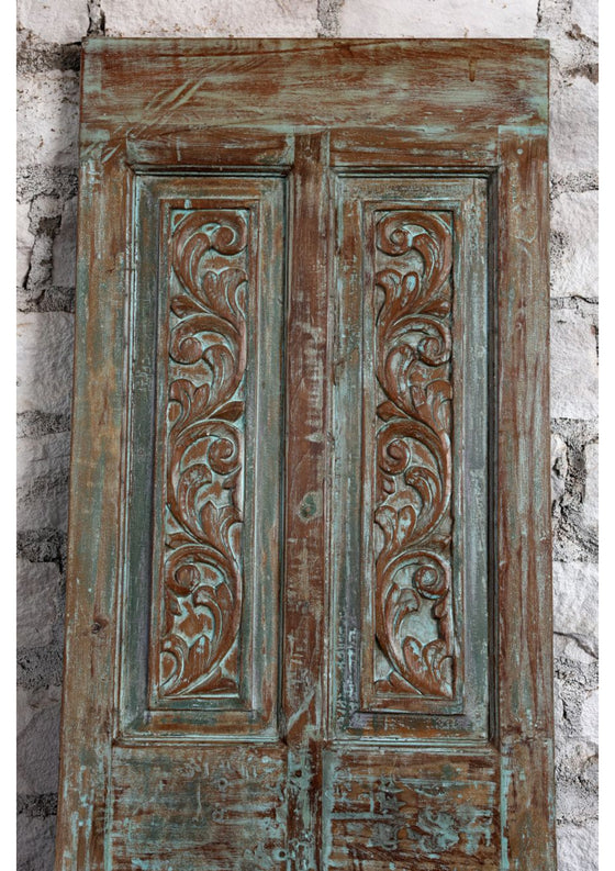 Antique Carved Door Blue Floral Barn Door Hinged Sliding Door