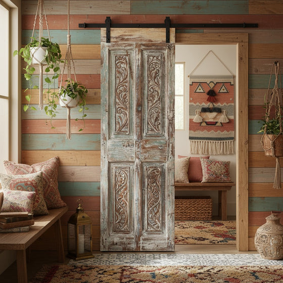 Antique Carved Door Distressed Green Sliding Doors Statement Decor 