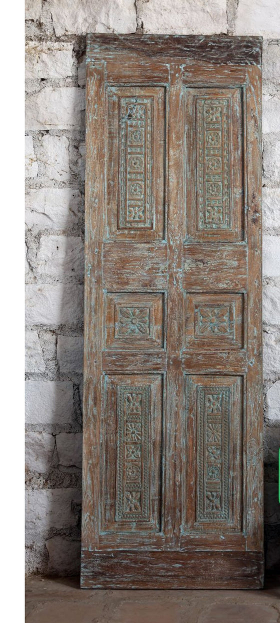 Antique Carved Door Distressed Blue Single Doors Statement Hinged Door