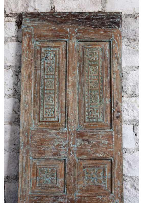 Antique Carved Door Distressed Blue Single Doors Statement Hinged Door