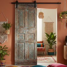  Antique Carved Door Distressed Blue Single Doors Statement Hinged Door