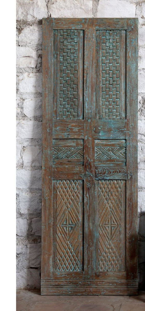Antique Carved Door Blue Single Hinged or Sliding Farmhouse Barn Door 