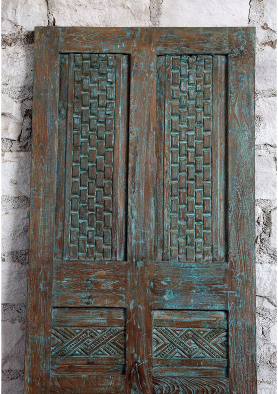 Antique Carved Door Blue Single Hinged or Sliding Farmhouse Barn Door 