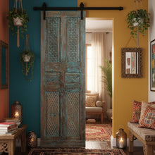  Antique Carved Door Blue Single Hinged or Sliding Farmhouse Barn Door 