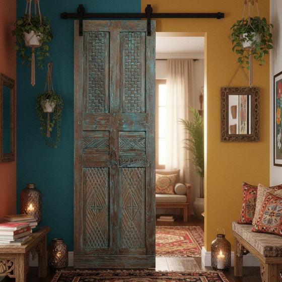 Antique Carved Door Blue Single Hinged or Sliding Farmhouse Barn Door 