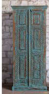 Antique Blue Armoire Carved Wardrobe with Brass Studs Storage Cabinet