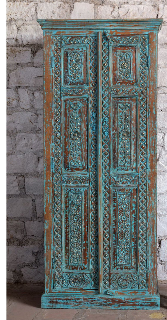 Antique Blue Armoire Carved Wardrobe with Brass Studs Storage Cabinet