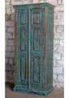 Antique Blue Armoire Carved Wardrobe with Brass Studs Storage Cabinet