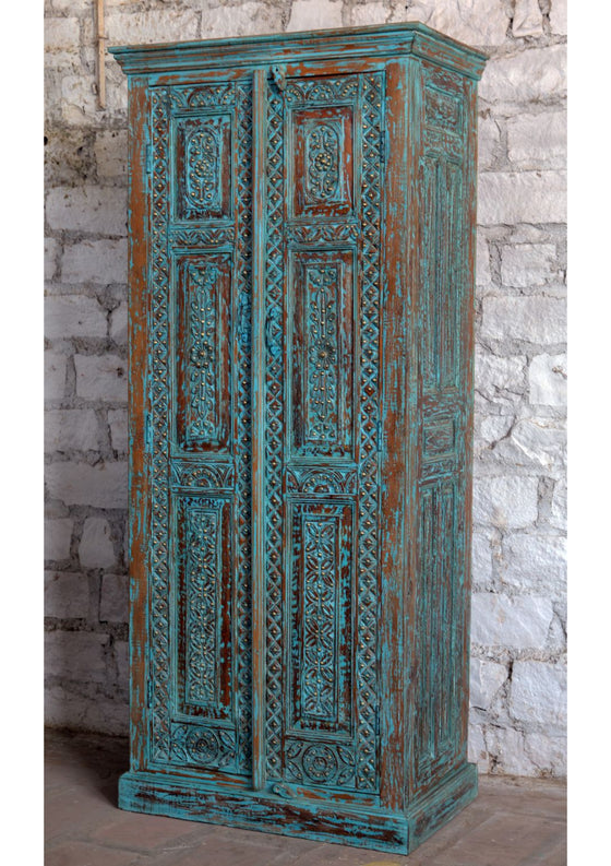Antique Blue Armoire Carved Wardrobe with Brass Studs Storage Cabinet