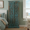 Antique Blue Armoire Carved Wardrobe with Brass Studs Storage Cabinet