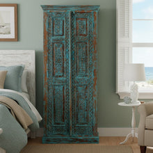  Antique Blue Armoire Carved Wardrobe with Brass Studs Storage Cabinet