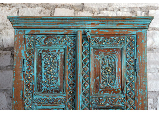 Antique Blue Armoire Carved Wardrobe with Brass Studs Storage Cabinet