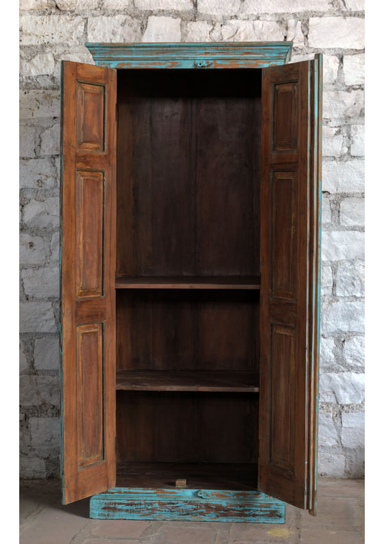Antique Blue Armoire Carved Wardrobe with Brass Studs Storage Cabinet