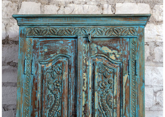 Antique Hand Carved Armoire Floral Brass Studs Storage Cabinet