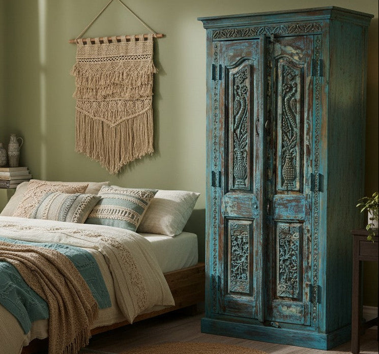 Antique Blue Carved Armoire Floral Brass Studs Accent Cabinet 83x38