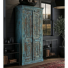Antique Blue Carved Armoire Floral Brass Studs Accent Cabinet 