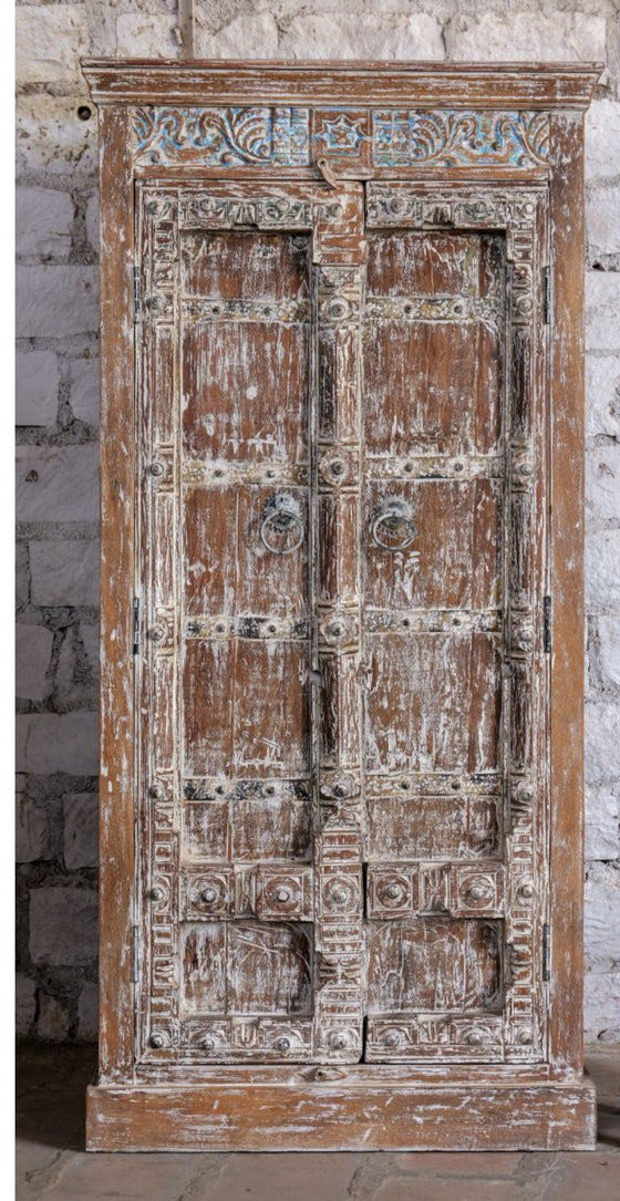 Antique Hand Carved Armoire Distress Wood Whitewash Bedroom Cabinet