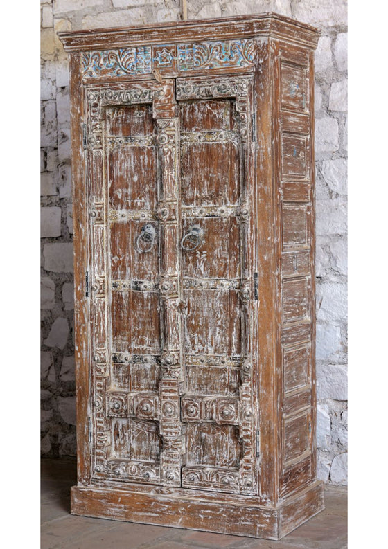 Antique Hand Carved Armoire Distress Wood Whitewash Bedroom Cabinet