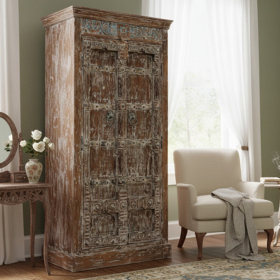  Antique Hand Carved Armoire Distress Wood Whitewash Bedroom Cabinet
