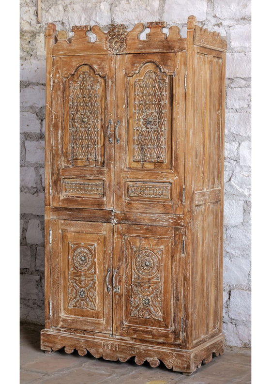 Antique Storage Armoire Bed Room Cabinet Hand Carved Brass Studs Warbrobe 