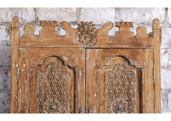 Antique Storage Armoire Bed Room Cabinet Hand Carved Brass Studs Warbrobe 