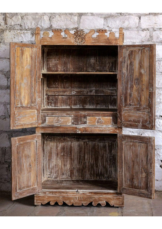 Antique Storage Armoire Bed Room Cabinet Hand Carved Brass Studs Warbrobe 