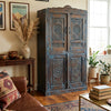 Antique Lotus Carved Armoire Distress Blue Brass Studs Cabinet 70x36