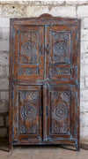 Antique Hand Carved Armoire Floral Distress Blue Brass Studs Cabinet