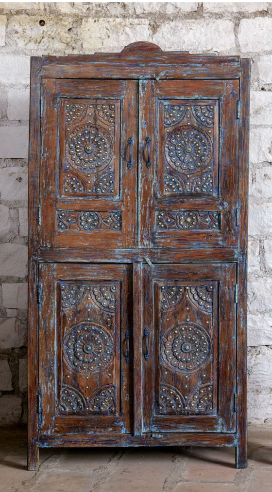 Antique Hand Carved Armoire Floral Distress Blue Brass Studs Cabinet
